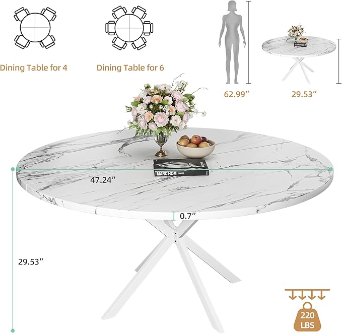 47.24" Round Dining Table for 4-6 Person, Round Kitchen Table with Wood Top, Circle Dinner Pedestal Tables with Metal Legs for Dining Room Kitchen (White Marble)