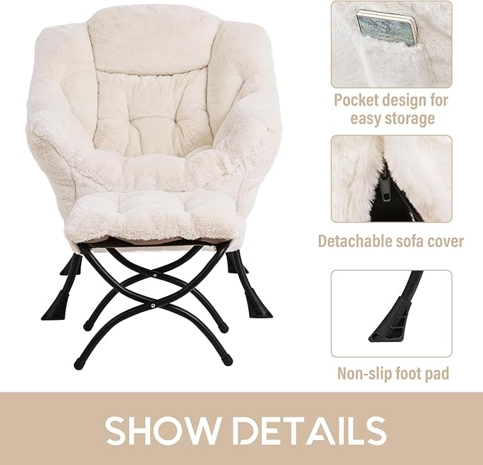 LITA Lazy Chair with Ottoman, Modern Accent Leisure Upholstered Sofa Chair, Lounge Reading Chair with Armrests and a Side Pocket for Living Room, Bedroom & Small Space, Plush Beige