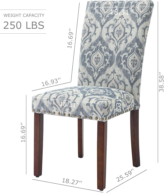 COLAMY Upholstered Parsons Dining Chairs Set of 4, Fabric Dining Room Kitchen Side Chair with Nailhead Trim and Wood Legs - Blue/White Flower