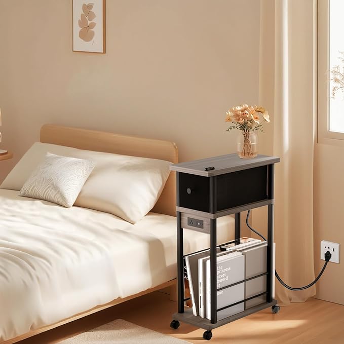 Side Table with Charging Station and Drawer, Narrow End Table with USB Ports and Outlets for Small Space, Living Room, Bedroom and Office, with 4 Wheels (1, Greige + Black)