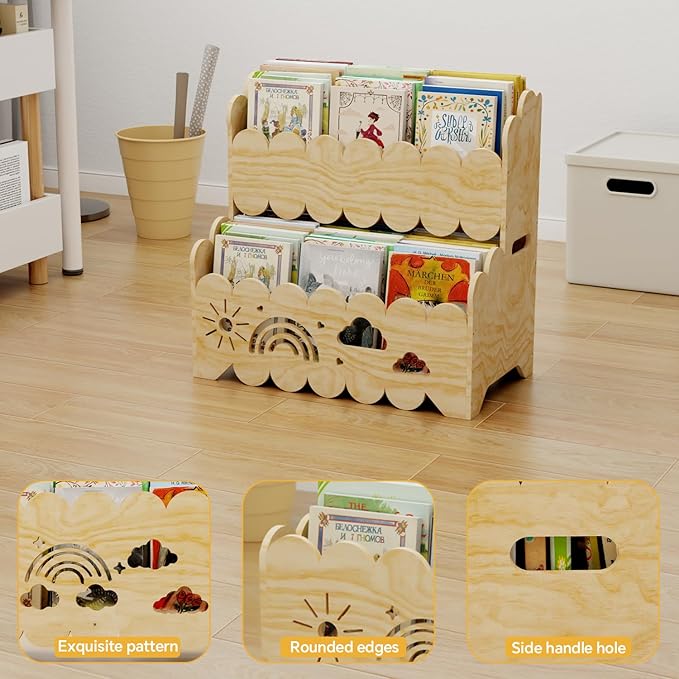 Wood 2-Tier kids bookshelf, Montessori Bookshelf, Suitable Kids Rooms, Nursery & Classroom, kids bookshelf and Toy Storage, Toddler Book Rack, Nursery Book Shelves