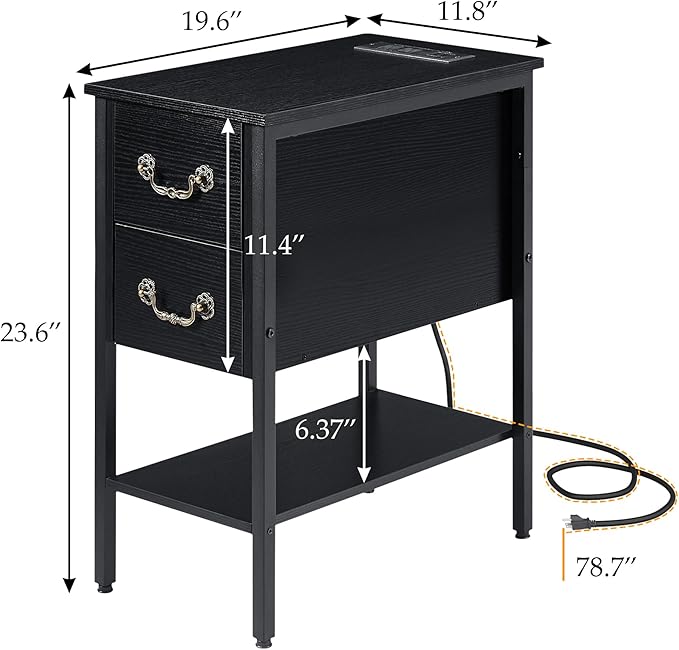 VECELO End Tables,Narrow Nightstands with Charging Station & USB Ports &Drawers,Night Stand for Living Room, Bedroom,Black