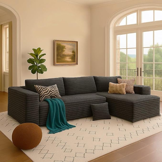COMHOMA 105”Modular Sectional Sofa with Deep Seat,Cloud Upholstered L-Shape Couch Wide Arms Corduroy Fabric High-Density Foam Chaise Lounge for Living Room No Assembly Required