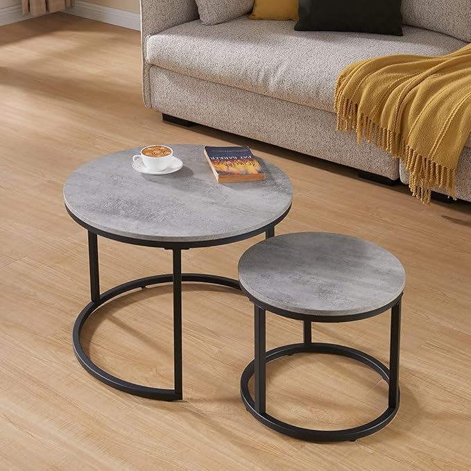 CENSI 24" Round Nesting Table, Accent Coffee Table, Grey Faux Concrete Wood Finish, Space-Saving, Modern Industrial Style