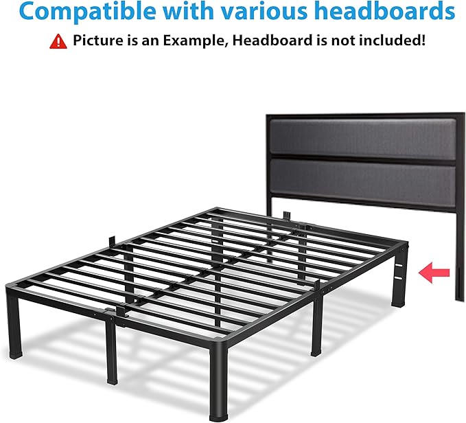 18 Inch Queen Bed Frame, 3500Lbs Heavy Duty Metal Platform with Round Corner Legs Mattress Slide Stopper, Steel Slat Support No Box Spring Needed, Noise Free, Non-Slip, Easy Assembly