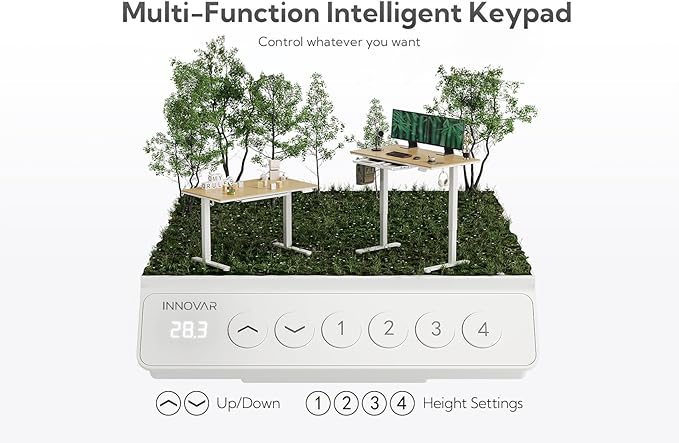INNOVAR Bamboo Standing Desk with Drawers, 55" Adjustable Stand Up Electric Home Office Desk with Whole-Piece Board, White Frame/Bamboo Top