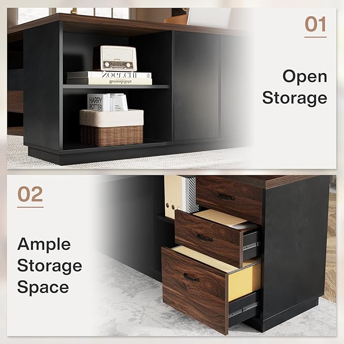 Tribesigns 78" L-Shaped Executive Desk, Large Office Desk with Drawers and Lateral File Cabinet, Business Furniture with Storage Shelves, Modern Computer Desk for Home Office, Walnut & Black