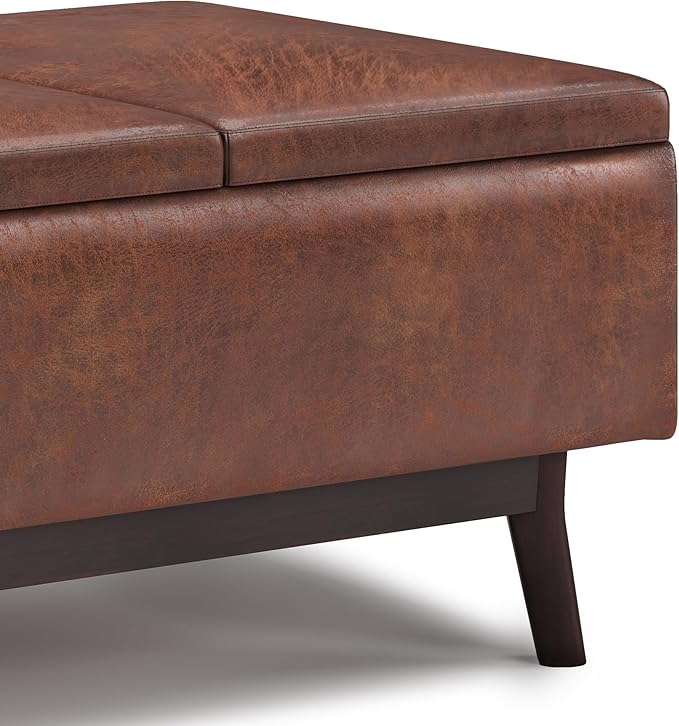 SIMPLIHOME Owen 34 inch Wide Mid Century Modern Rectangle Tray Top Small Coffee Table Storage Ottoman in Distressed Saddle Brown Vegan Faux Leather, Assembled, For the Living Room and Entryway
