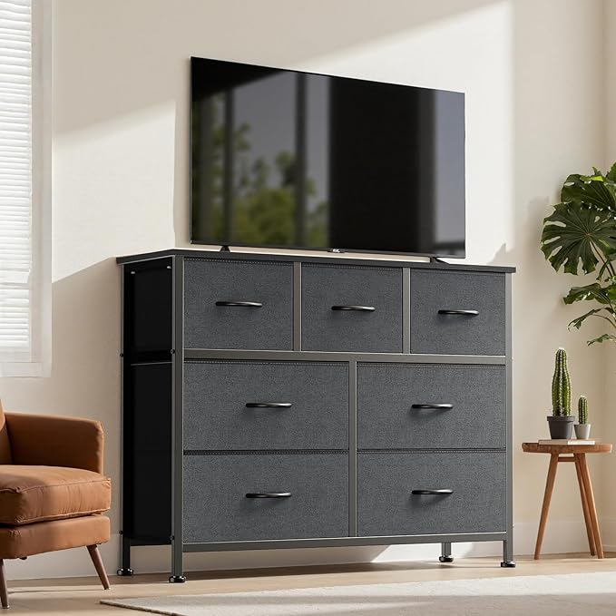 DUMOS TV Stand Dresser with 7 Fabric Drawers, Multifunctional Storage Organizer for Living Room Bedroom Closet, Entertainment Center Cabinet Chest Modern Furniture for Clothing,Charcoal Gray