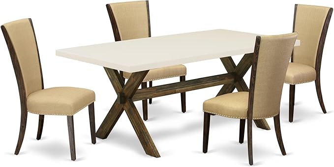 East West Furniture X727VE703-5 5 Piece Dinette Set for 4 Includes a Rectangle Dining Room Table with X-Legs and 4 Brown Linen Fabric Upholstered Parson Chairs, 40x72 Inch, Multi-Color