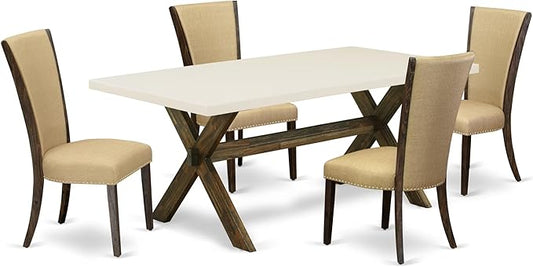 East West Furniture X727VE703-5 5 Piece Dinette Set for 4 Includes a Rectangle Dining Room Table with X-Legs and 4 Brown Linen Fabric Upholstered Parson Chairs, 40x72 Inch, Multi-Color