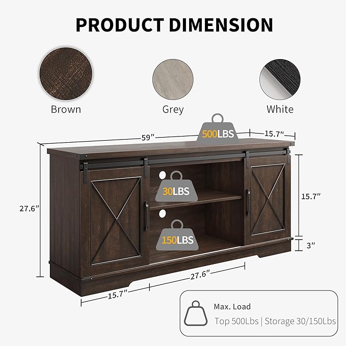 IDEALHOUSE Farmhouse TV Stand and Entertainment Center for Tv up to 65 inches with Sliding Barn Doors and Adjustable Shelf, Tv Media Console Table with Storage Cabinet for Living Room, Brown