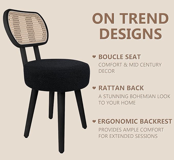 ZYBT Rattan Dining Chair, Boho Makeup Vanity Chair for Makeup Room, Mid Century Modern Boucle Chair, Black Cane Dining Chairs, Upholstered Wood Accent Chair, Cute Sherpa Chair with Back, 1 Pc