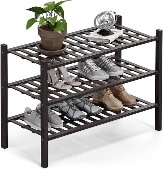 Haddockway 3 Tier Bamboo Shoe Rack Storage Organizer, Multifunctional Free Standing Stackable Shoe Shelf with Grid Panel for Closet,Hallway,Entryway,Small Space 27"x11"x20" (Brown, 3 Tier)