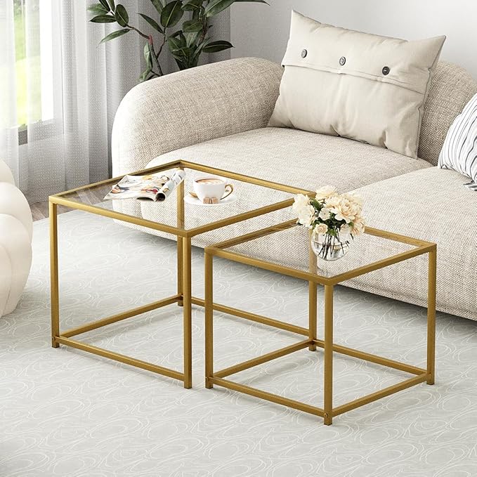 VILAWLENCE Coffee Table Set of 2, Modern Gold Glass Side Table, Metal Frame Square End Table, Center Tables, Nesting Coffee Table for Living Room, Bedroom and Small Spaces, 23.6in