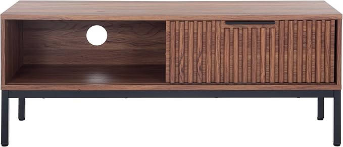 SAFAVIEH Lylia TV Stand for up to 55" Flatscreen – Walnut with Black Legs & Handle, 1 Sliding Door, 1 Open Shelf, Entertainment Media Console (MED9617A)