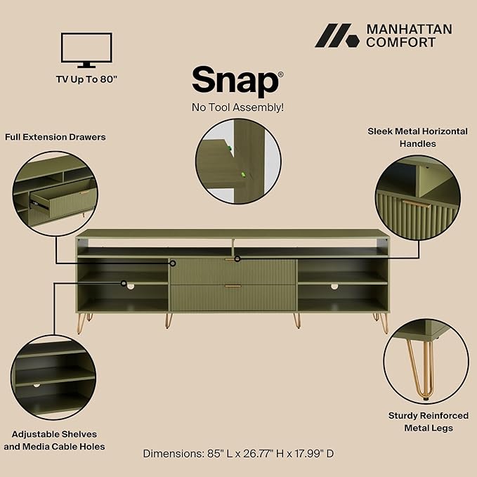 Manhattan Comfort Dumbo Mid Century Modern TV Stand for Televisions up to 80 Inches, Home Entertainment Center with Storage, 6 Shelves, 2 Drawers, No Tool Assembly, 85" Wide, Olive Green