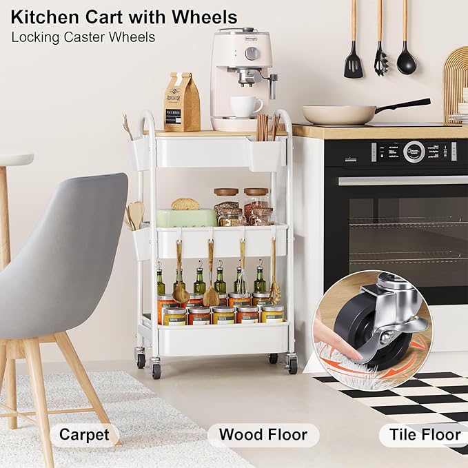 3 Tier Rolling Cart Metal with Wheels and Bamboo Table Top, Art Cart Organizer on Wheels, White Three Tiered Storage Utility Carts for Craft, Baby, Diaper Caddy,Coffee,Kitchen,Cleaning,Office Supplies