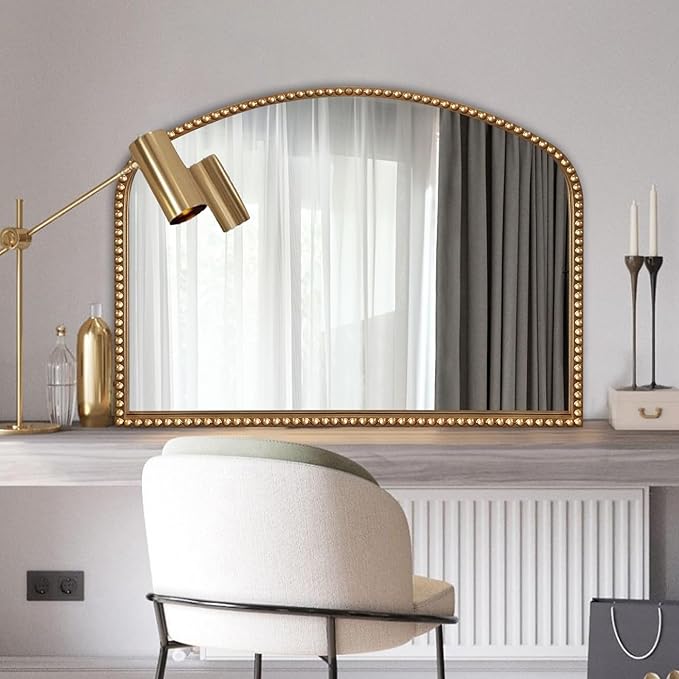 Vanity Mirror for Bedroom, 35" x 28" Large Arch Vintage Gold Wall Mirror, Beaded Frame Decorative Accent Mirrors for Washroom, Living Room, Entryway, Bathroom, Fireplace