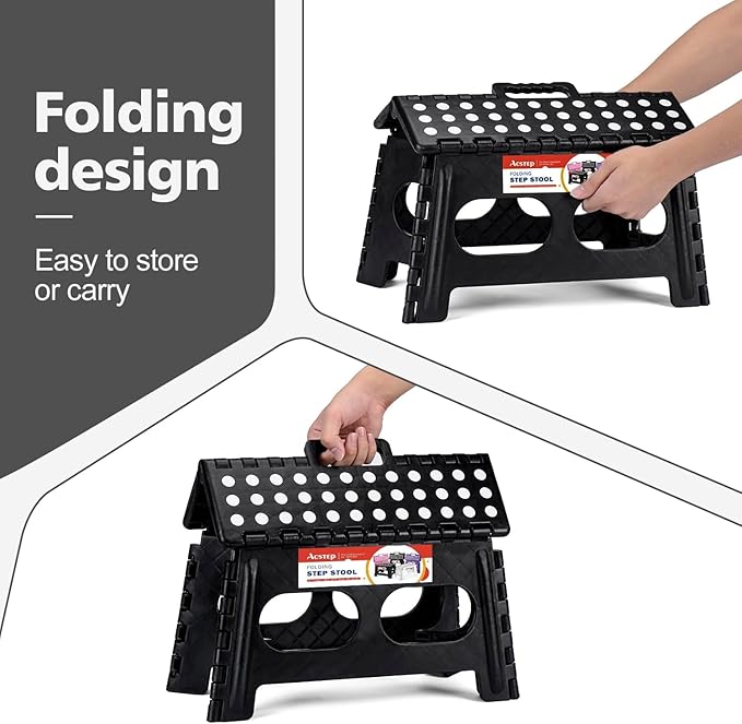 ACSTEP Folding Step Stool, 15-Inch Extra Wide 9Inch Height Heavy Duty Stepping Stool More Safe and Comfortable Non Slip Foldable Step Stool for Kids and Adults Black, 10 Pack