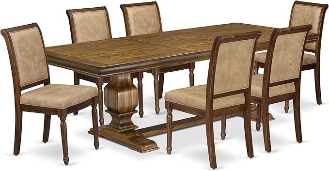 LKCY7-AWA-28 7-Piece Kitchen Table Set Consists of a Dining Table and 6 Beige Polyester Fabric Dinner Chairs with High Back - Antique Walnut Finish