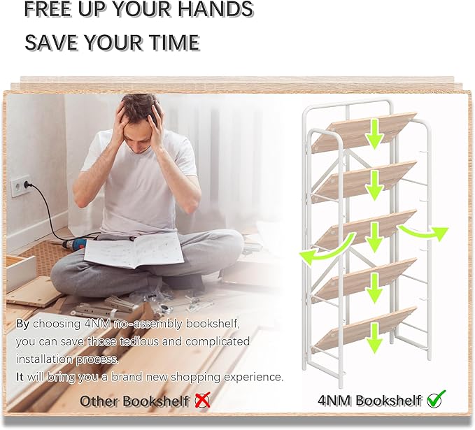4NM No Assembly Folding Bookshelf 5 Tiers Vintage Industrial White Book Shelf Metal Foldable Storage Bookcase and Bookshelves for Living Room,Bedroom and Kitchen - Natural