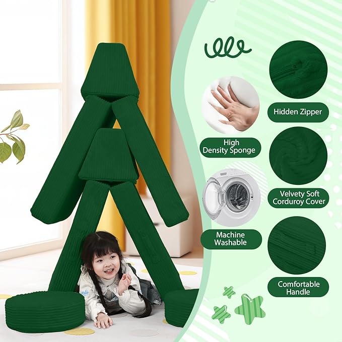 MeMoreCool Kids Couch for Playroom, Corduroy Convertible Toddler Couch, 8 Piece Modular Play Sofa, Foam Fort Building Set for Child Room Furniture, Green