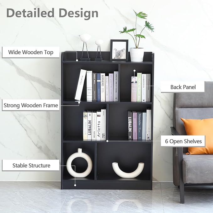 Book Shelf with Back Panel Stability 6 Cube Bookcase Multifunctional Cube Storage Organizer for Bedroom Living Room Office Closet School in Black with 31.49''W