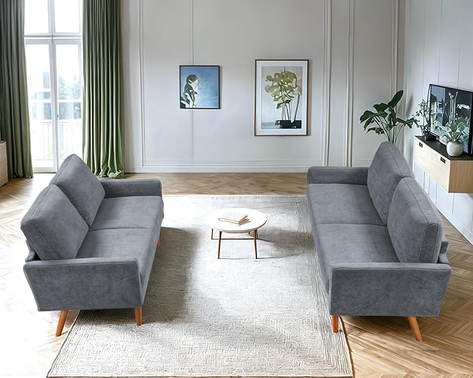 Kent 2 Piece Velvet Sofa and Loveseat Set, European Style with Modern & Vintage Flair, Upholstered 5 Seater Couch, Chic Living Room Furniture Seating for Home, Apartment or Office, Grey