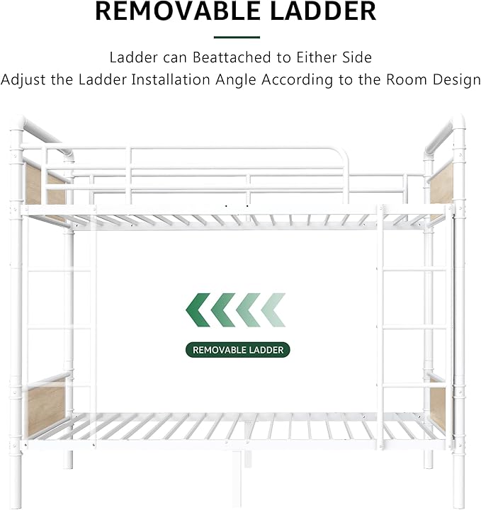 Metal Bunk Bed Twin Over Twin, Industrial Bunkbeds Heavy Duty Bed with Safety Guard Rails and Space-Saving Design, Steel Bed for School, Bedroom (White)