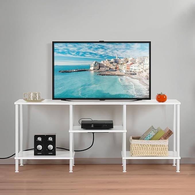 BTY White TV Stand with Storage, Wood Entertainment Center with Power Outlet, 3 Tier Small TV Table with Open Shleves for Living Room, Bedroom, Small Space, up to 50 inch TV