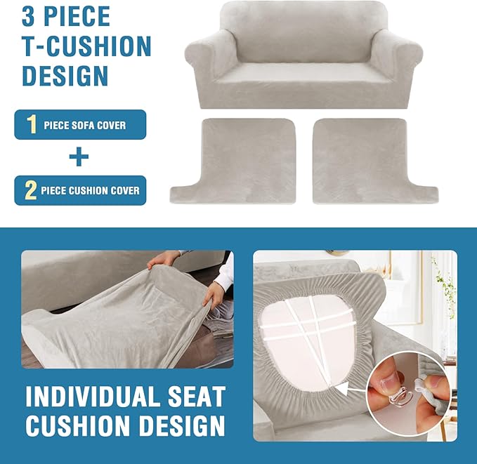 H.VERSAILTEX Sofa Cover 3 Piece T Cushion Sofa Slipcovers Thick Velvet Couch Cover Stretch T Cushion Sofa Covers for 2 Cushion Couch with 2 Individual T Cushion Covers Washable, Oatmeal