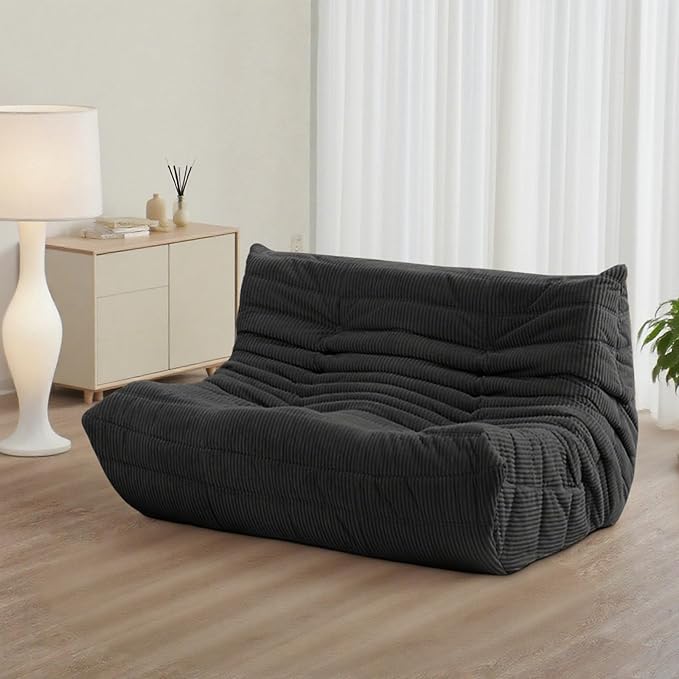 Fireside Loveseat Mid-Century Armless Sofa — Twin-Size Floor Lounger in Soft Premium Corduroy, Foam-Filled Accent Chair for Living Room or Bedroom (Black, Two Seater)