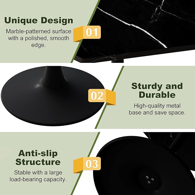 Dining Table for 2-4, 31.5" Kitchen Table with Printed Marble Top, Modern Tables for Dining Room, Living Room, Coffee Bar, Black