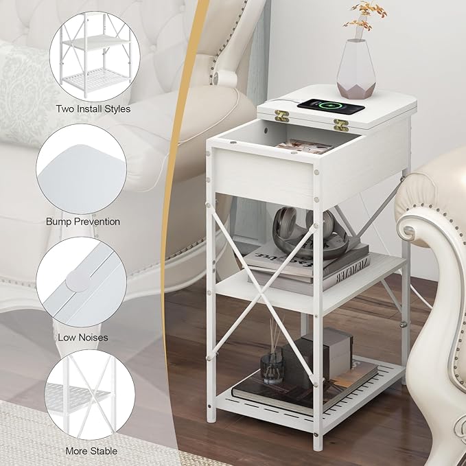 Narrow End Table with Charging Station, Side Tables Set of 2 for Small Spaces, Flip Top End Table with Storage, End Tables Living Room, Nightstand Set 2 with Drawer for Bedroom, White