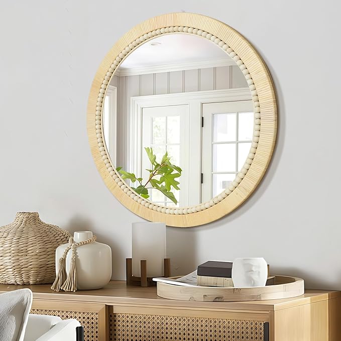 ULIKE Round Rattan Mirror, Bathroom 30 Inch Rustic Farmhouse Wall Decor with Handmade Wicker Frame, Boho Mirror for Nursery Bedroom Living Room Entryway