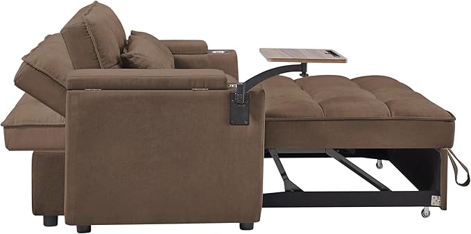 65-inch Multifunctional Loveseat Pull Out Sleeper Sofabed W/Cupholders, Oversized 3-in-1 Convertible Love Seat with Pull-Out Sleeper Couch Bed, Storage, USB Ports, Side Table for Living Room Bedroom