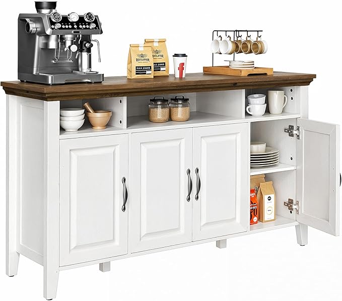 Marsail Sideboard Buffet Cabinet with Storage, 55" Farmhouse Kitchen Buffet Bar Table 4 Door Storage Cabinets for Dining Room Furniture, Brown & White