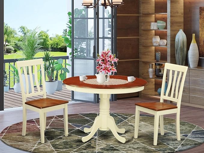 East West Furniture HLAN3-BMK-W 3 Piece Kitchen Table & Chairs Set Contains a Round Dining Room Table with Pedestal and 2 Dining Chairs, 42x42 Inch, Buttermilk & Cherry