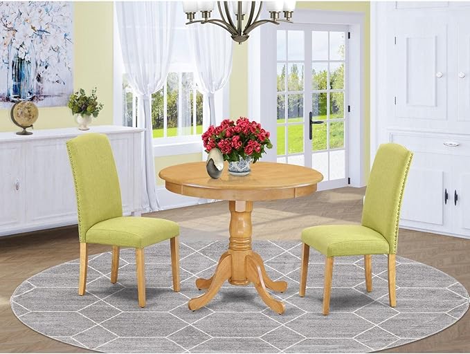 East West Furniture ANEN3-OAK-07 3 Piece Dining Room Furniture Set Contains a Round Kitchen Table with Pedestal and 2 Limelight Linen Fabric Parson Dining Chairs, 36x36 Inch, Oak