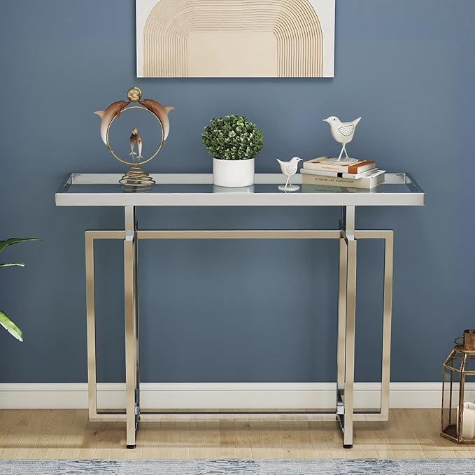 ASYA Glass Console Table for Entryway, Modern Entryway Table with Tempered Glass & Chrome Frame, Silver Sofa Table for Living Room Hallway
