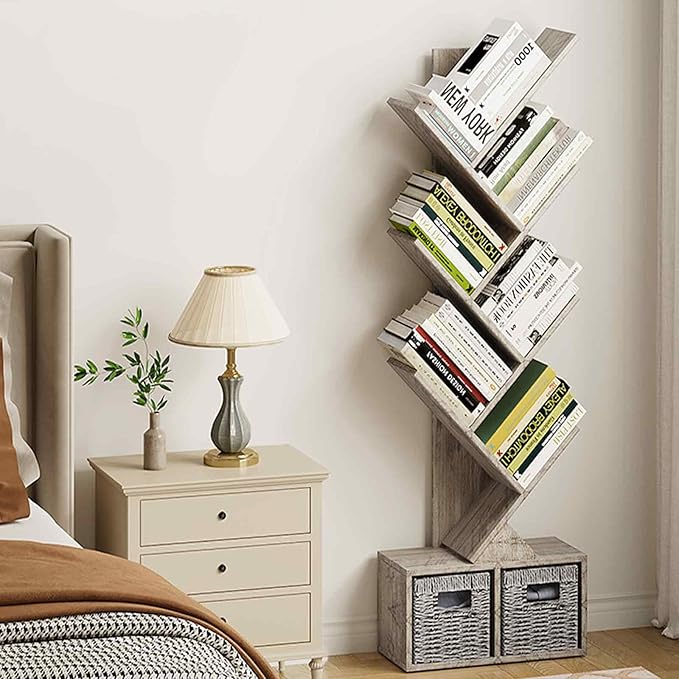 Vagusicc 6 Tier Tree Bookshelf, Small Bookcase with Storage Cabinet, Modern Tall Narrow Bookshelves Organizer, Floor Standing Book Shelf for Bedroom/Living Room/Home Office/Corner, Rustic Greige