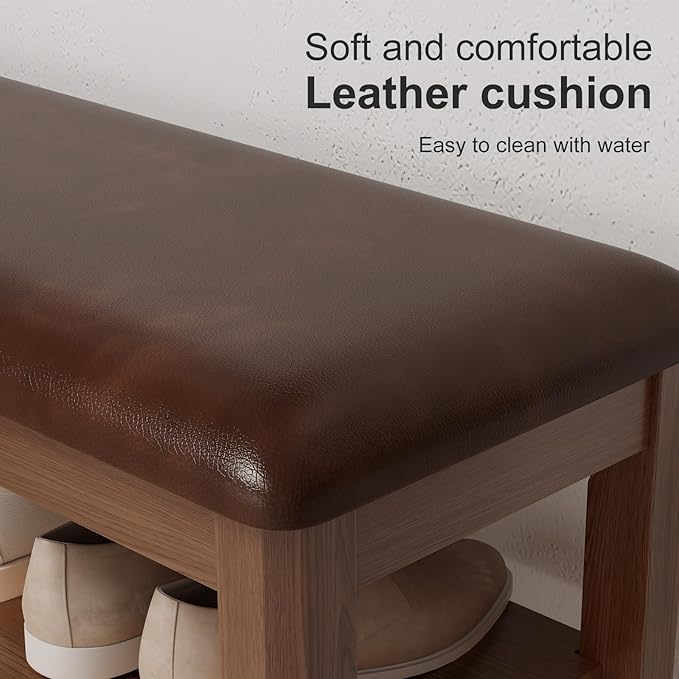 Shoe Bench with Leather Cushion, 3 Tiers Shoe Storage Bench Height Adjustable, Walnut Wood Entryway Bench for Hallway, Mudroom