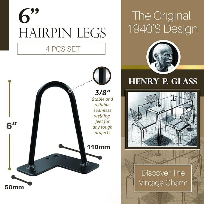 TEN49 Heavy Duty Hairpin Table Legs - 6 Inch Industrial Black Furniture Legs - Solid Rods Metal Leg - Fit for Mid-Century Modern End Drawer, Low Shelf, Bed, Sofa, TV Stand, Cabinet Feet