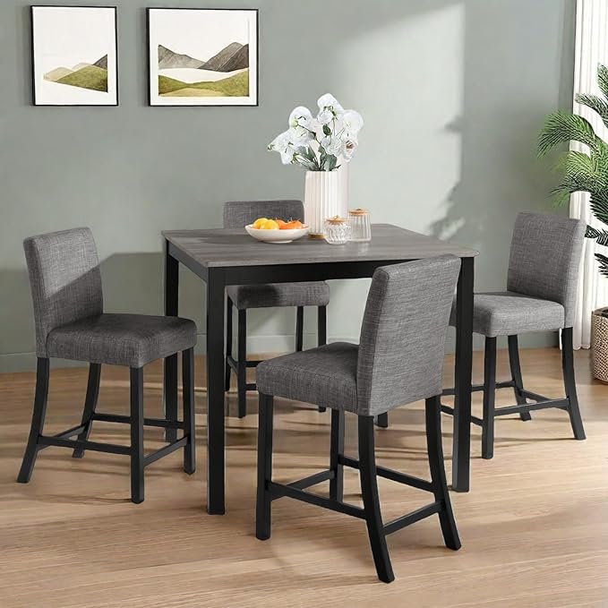 Dining Table Set for 4, 5-Piece Kitchen Table & Chairs Set with Square Wooden Table & 4 Upholstered Chairs, 35.5'' Dinner Set with Solid Wood Legs & Curved Backrest for Kitchen, Black