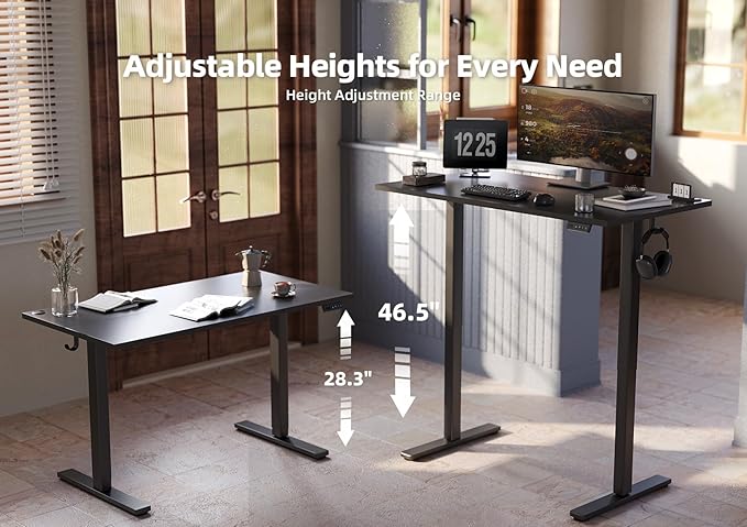 Seang Standing Desk with Adjustable Height, 63x24 Inch Electric Stand Up Desk for Home Office, Studio, Computer Workstation, Black Top