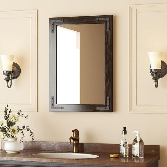 VocalStar Black Wood Framed Mirror 18 x 26 Inch, Rustic Natural Black Wooden Rectangle Bathroom Vanity Wall Mirror for Farmhouse Boho Decor, 1/4-inch Shatterproof Glass | Waterproof