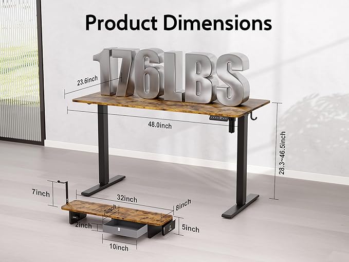 48x24 Inches Electric Standing Desk With Drawer and Monitor Stand, Height Adjustable for Home Office, Ergonomic Sit to Stand With Phone Holder, 3 Hooks, Rustic Brown