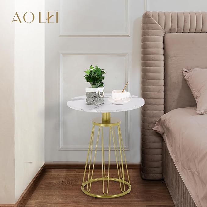Round End Table Set of 2, Small Side Table for Living Room, Bedroom, Modern Side Tables for Small Spaces, Sofa Couch Table with Metal Frame Legs, Easy Assembly(Gold and White)
