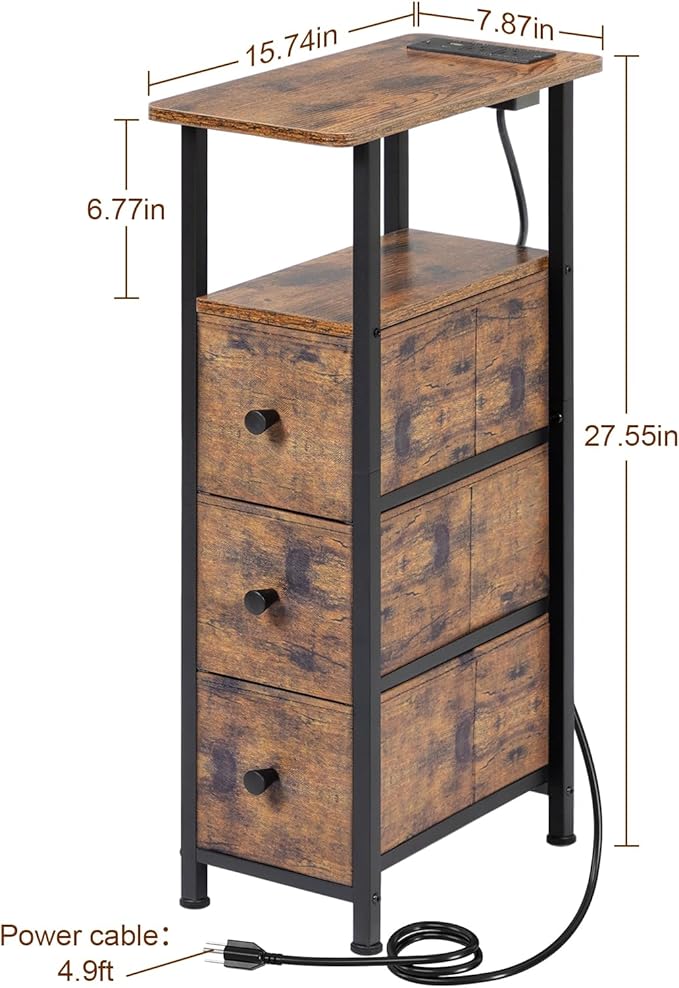 Narrow End Table Living Room with Charging Station, Skinny Side Table with Fabric Drawers, Slim Nightstand for Bedroom, Small Spaces, Couch, Rustic Brown, HETNDP03PBR-1